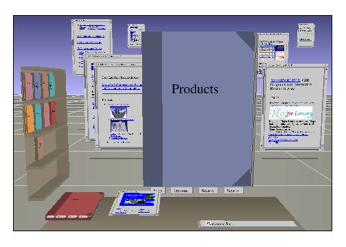 [PICTUREOF 3D LANDSCAPE.  PAGES AND WEBBOOKS HANG IN THE AIR AND ON BOOKSHELVES AND A DESK]