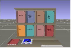 [THE DESK HAS BEEN FLOWN TO THE BOOKCASE, REVEALING THE BOOK TITLES]